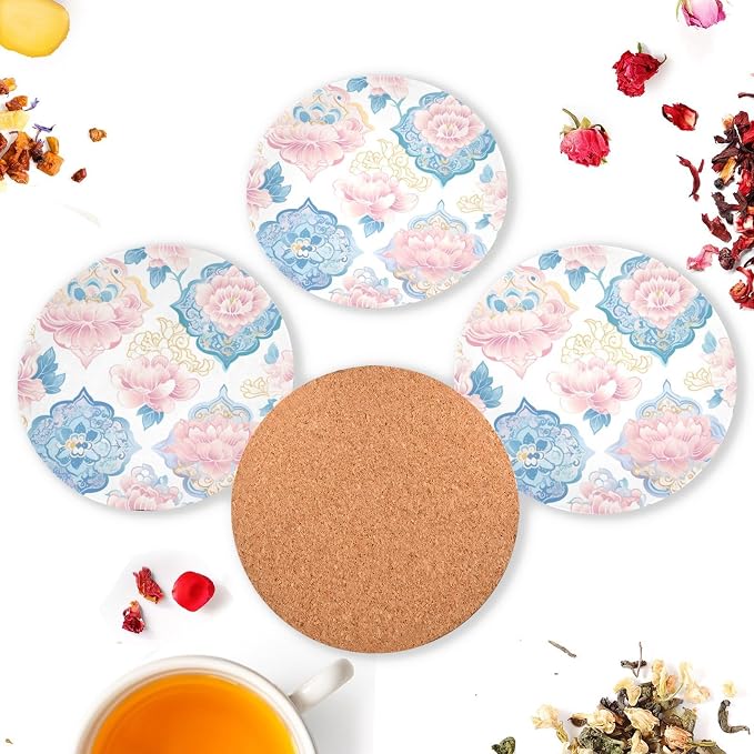 Seamless Asian Traditional Patterns Aesthetic Round Coaster 4 Pcs Corkboard - Image 6