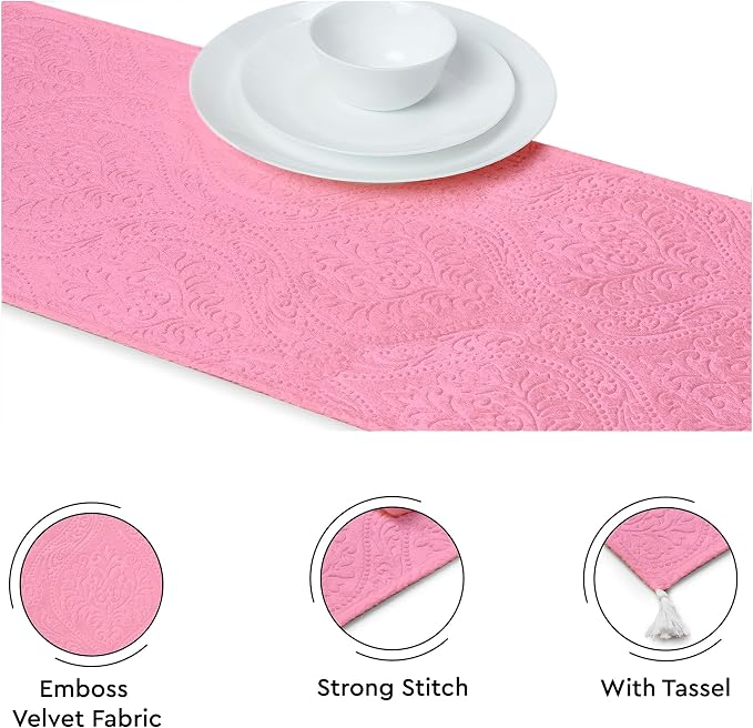 Encasa XO Table Runner, Embossed Velvet, Elegant 13"x72" | Pink, 175 GSM - Image 3