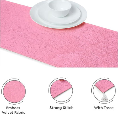 Encasa XO Table Runner, Embossed Velvet, Elegant 13"x72" | Pink, 175 GSM - Image 3