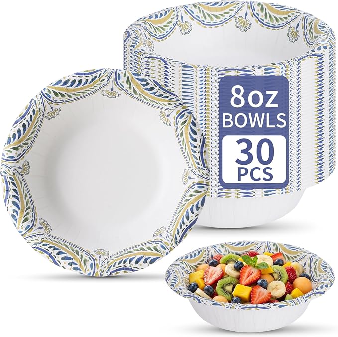 30 Count 8oz Paper Bowls, Small Paper Bowls, Microwaveable and Soak Proof | by Unknown