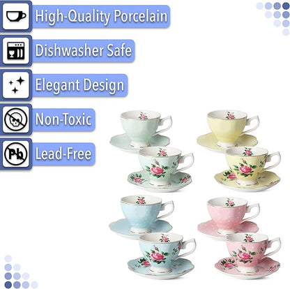 BTaT- Floral Tea Cups and Saucers, 8 oz | Fine Porcelain Teacup Set Gold Trim - Image 4