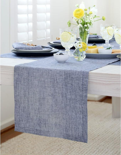 Solino Home 100% Pure Linen Table Runner Indigo Long, Athena 14 x 120 in | by SolinoHome