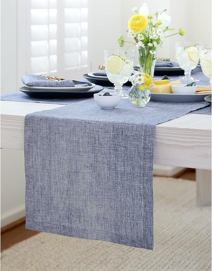 Solino Home 100% Pure Linen Table Runner Chambray Indigo, Athena 14 x 48 in | - Image 2