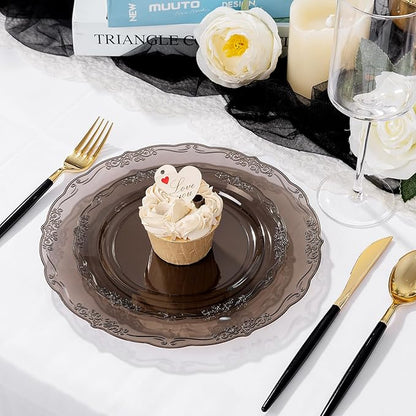 U-QE 100PCS Clear Black Plastic Plates - Heavy Duty Black Disposable Plates Including 50PCS 10'' Dinner & 50PCS 7.5'' Dessert Plates - Hard Plastic Platos for Party & Wedding & Bridal Shower