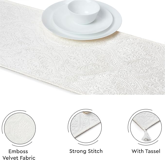 Encasa XO Table Runner, Embossed Velvet, Elegant 13"x94" | Cream, 175 GSM - Image 3