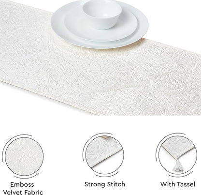 Encasa XO Table Runner, Embossed Velvet, Elegant 13"x94" | Cream, 175 GSM - Image 3
