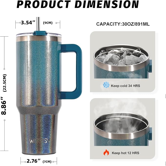 30 oz Shiny Tumbler with Handle and Straw, Stainless Steel Tumbler with Lid and - Image 2