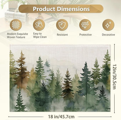 Set of 6 Washable Misty Forest Landscape Placemats Non-Slip Heat-Resistant 12x18 Inch Thick Decorative Linen Table Mats for Dining Table Home Décor