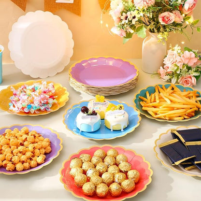 48 Pcs Boho Rainbow Paper Plates 9 Inch Colorful Scalloped Paper Plates Disposable Dinner Dessert for Birthday Wedding Bridal Party Supplies, 6 Colors