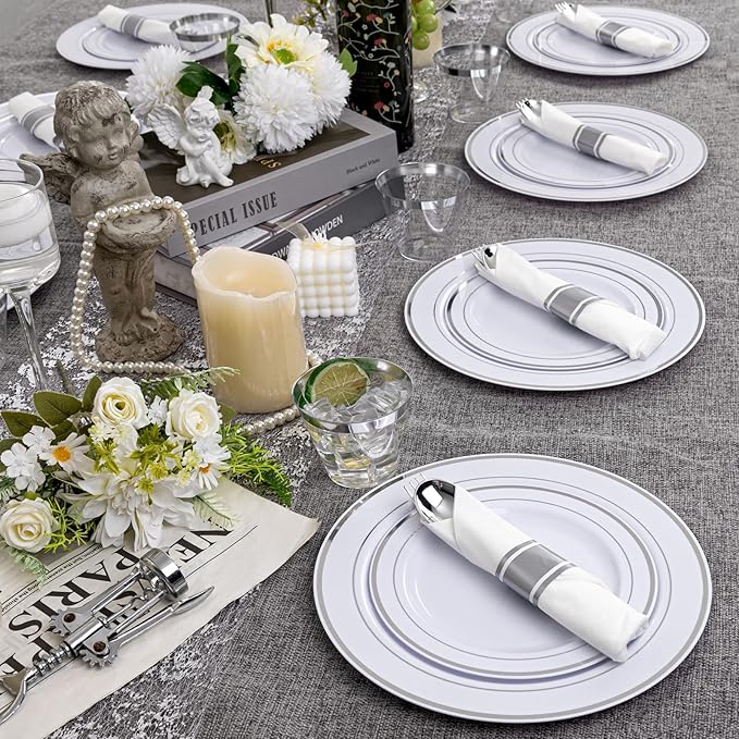 WELLIFE 350-Piece Silver Plastic Dinnerware Set - Image 6