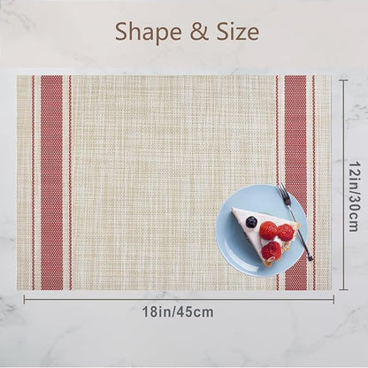 DACHUI Placemats Set of 6, Soft & Elegant Woven Vinyl Place Mats, Water Resistant, Heat Resistant, Washable, Durable Table Mats (Red Stripes)