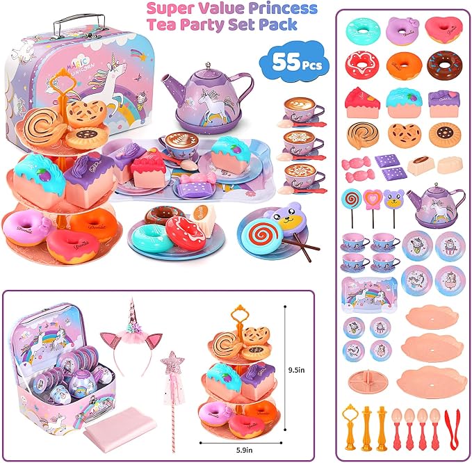 55Pcs Tea Party Set for Little Girls, Princess Tea Party Set, Unicorn Kid Tin - Image 2