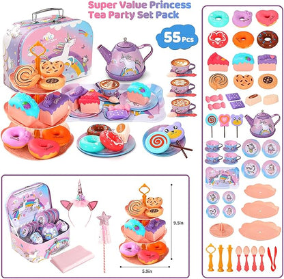 55Pcs Tea Party Set for Little Girls, Princess Tea Party Set, Unicorn Kid Tin - Image 2