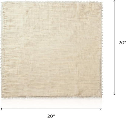 FINGERCRAFT Dinner Cloth Napkin Cotton Muslin Double Gauze 4 Pack with Classic Lace for Everyday Use, Wedding, Party, Christmas, Easter Napkins Cloth are Pre Shrunk and Good Absorbency Beige