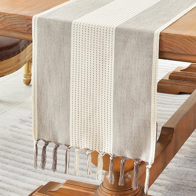 Wracra Linen Table Runner, Stripe Table Runners 60 Inches Long Coffee | by Wracra