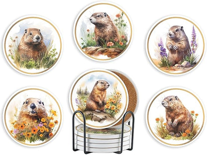 Onebttl Groundhog Gifts Coaster, Home Decor for Women, Moving, Housewarming, Set of 6, Ceramic, Absorbent with Cork Base