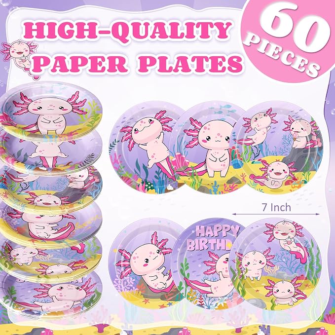 Gerrii 60 Pcs Axolotl Birthday Party Decorations 7 Inch Purple Axolotl Plates - Image 3