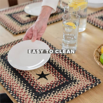 Homespice Primitive Star Gloucester Jute Braided Table Runner, Warm Primitive Decor, Set of 2, Black and Red Oval 8x28 - Rich Colors, Easy to Clean, Durable and Protects Furniture