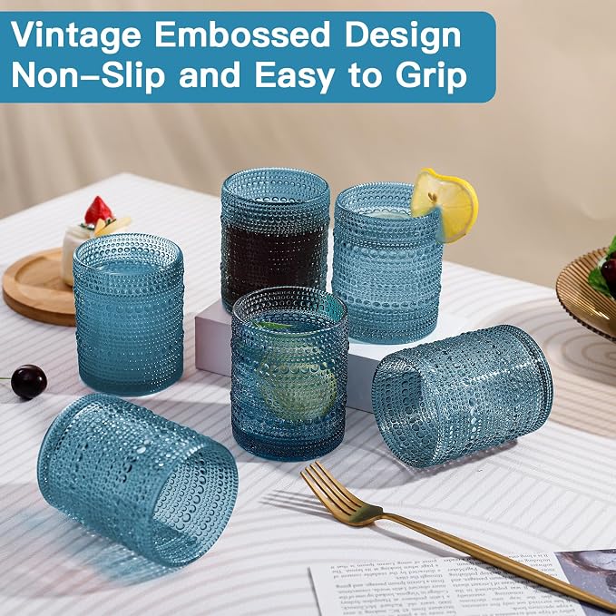 JOVGANK Blue Vintage Hobnail Drinking Glasses Set of 6, Embossed Water Tumbler - Image 6