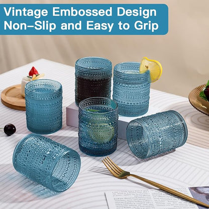 JOVGANK Blue Vintage Hobnail Drinking Glasses Set of 6, Embossed Water Tumbler - Image 6