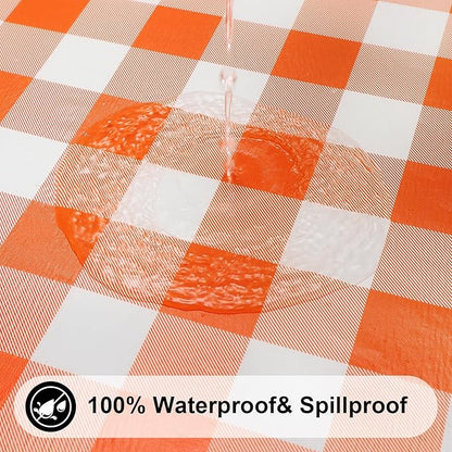 Smiry Rectangle Picnic Table Cloth, Elastic Waterproof Fitted Vinyl Tablecloths, Flannel Backed Buffalo Plaid Table Covers for Dining, Camping, Outdoor, Thanksgiving (White and Orange, 30" x 96")
