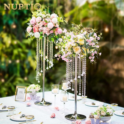 Nuptio 2 Pcs 35.4inch Tall Wedding Centerpieces Silver Vases Crystal Flower Vase Metal Flowers Stand for Party Tables Decorations - Elegant Bulk Weddings Decoration Table Chandelier Centerpiece stands