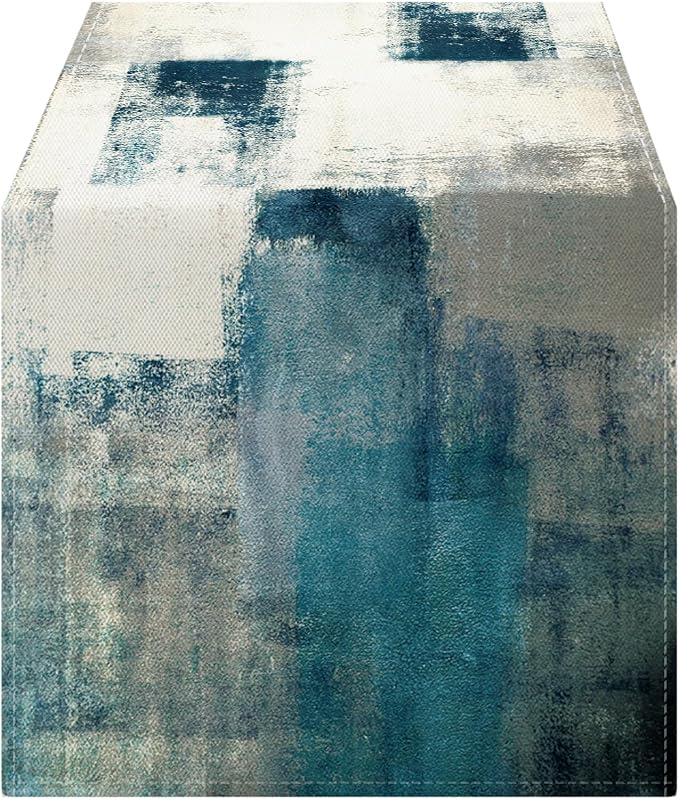 OYIMUA Teal and White Abstract Modern Table Runner, Art Rustic Kitchen Dining by OYIMUA
