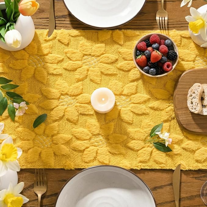 Artoid Mode Yellow Soft Plush Faux Fur Jacquard Embroidery Sunflower Spring - Image 3