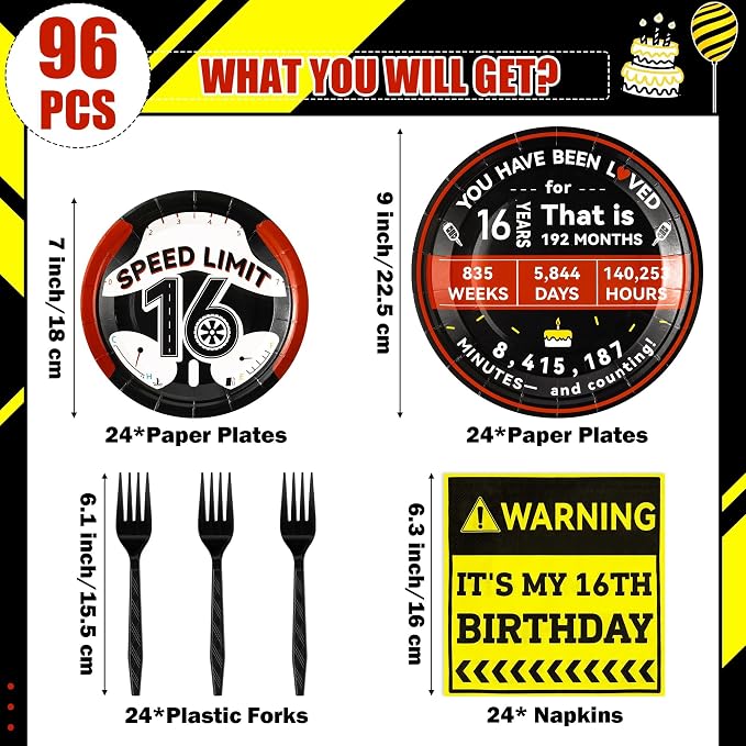 96Pcs 16th Drivers License 16 Years Old Warning Steering Wheel Party Plates - Image 2