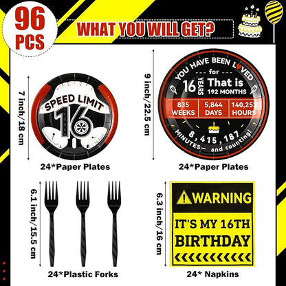 96Pcs 16th Drivers License 16 Years Old Warning Steering Wheel Party Plates - Image 2