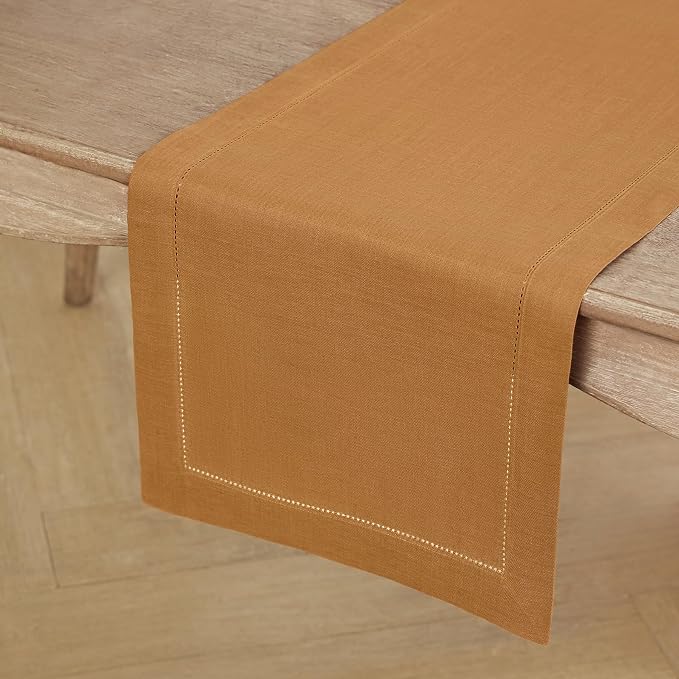 Solino Home 100% Pure Linen Table Runner Brown Sugar Hemstitch, 14 x 132 in | - Image 2