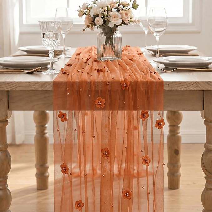 Artoid Mode Caramel Flower Pearl Pink Gauze Table Runner 10FT, Seasonal Sheer - Image 3