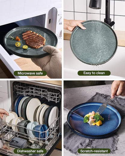 Famiware Star Dinnerware Set, Plates and Bowls Sets for 4 (12pcs), Ribbed Stoneware Dishes - Chip & Scratch Resistant, Microwave & Dishwasher Safe, Deep Forest