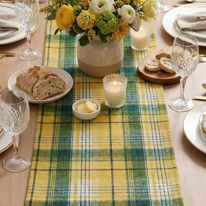 Artoid Mode Yellow Green Farmhouse Plaid Spring Table Runner, Winter Rustic - Image 3