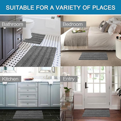 H.VERSAILTEX Bathroom Rugs Bath Rug Set 2 Piece Bathroom Contour Rug Toilet Mat Sets Non Slip Contour Bath Rug Ultra Thick Water Absorbent Striped Bath Mats Washable(20" x 32" Plus 20" x 20" U, Grey)