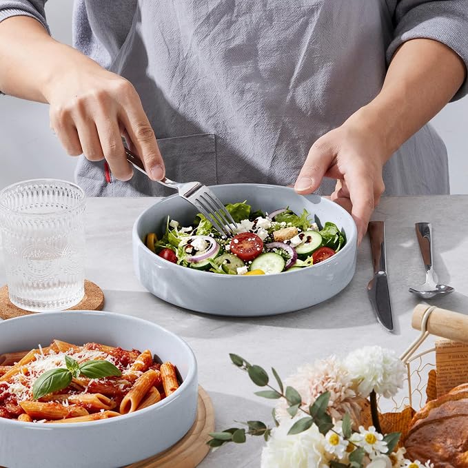 E-far Pasta Bowls Set of 6, 35 oz Large Stoneware Bowl Plates | Shallow & Wide - Image 3
