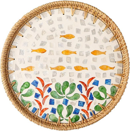 Round Rattan Tray with Mother of Pearl Inlay, Decorative Wicker Serving Tray by Unknown