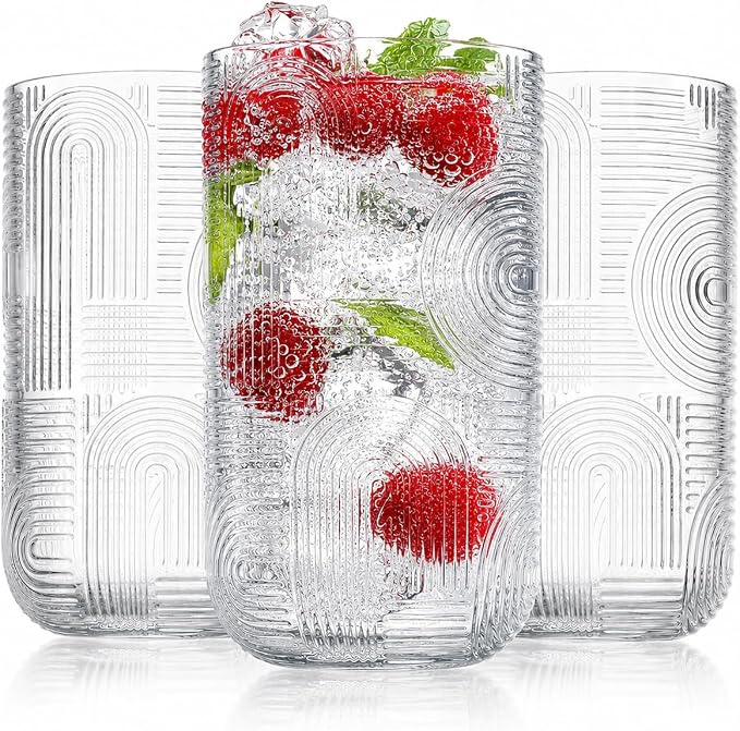 Highball Glasses Set of 8, 14 oz Embossed Drinking Glasses, Vintage Art Deco by Glavers