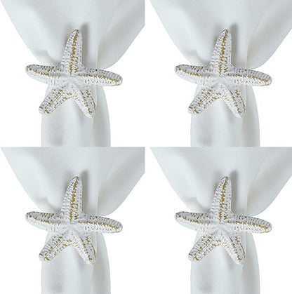 Split P Starfish Metal Napkin Ring Set of 4 | Rustic Whitewashed Aluminum Napkin Holders with Textured Starfish Design | Coastal, Beach & Nautical Table Décor | 2.75" x 3"