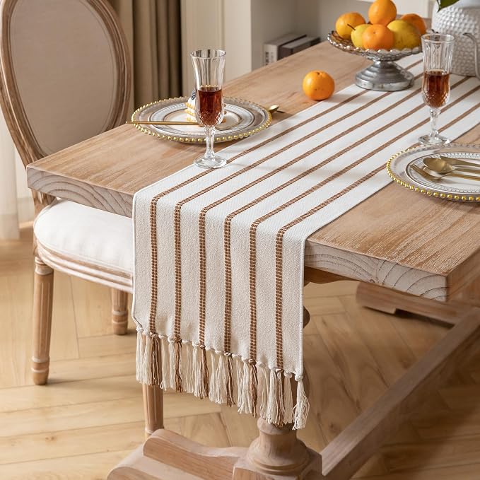 Caflife Boho Table Runner 90 Inchs Long Brown and Beige, Cotton and Linen Woven - Image 2