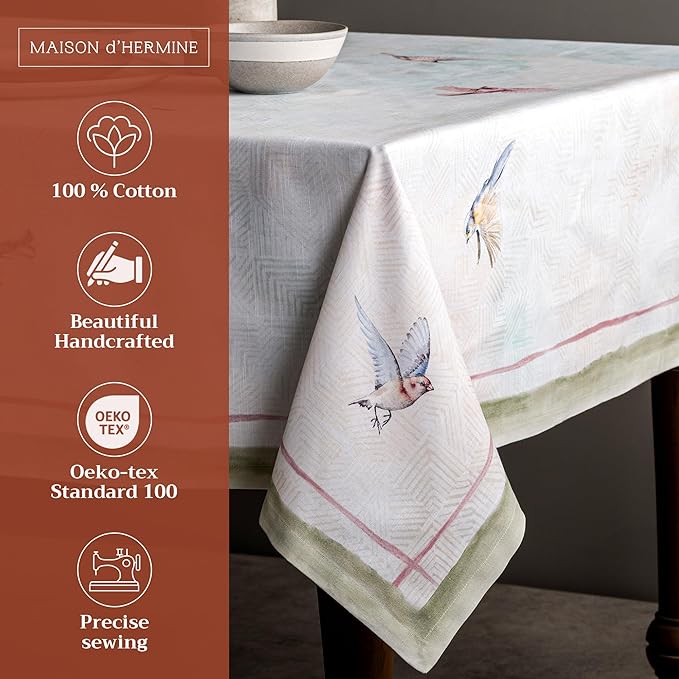 Maison d' Hermine Table Cloth Square Table 100% Cotton 60 x 60 Inches Tablecloth Reusable Decorative for Dining Room Farmhouse Home Valentines Day Decorations Spring Summer - Flying Birds