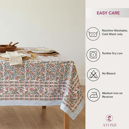 ATOSII Kalina 100% Cotton Fall Rectangle Tablecloth, Handblock Print Floral Table Cloth for Kitchen Dining Linen I Weddings Outdoors Easter Spring Summer I 72 X 108 Inches I 8 Seater