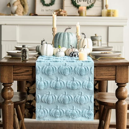 Artoid Mode Blue Soft Faux Fur Pumpkins Fall Table Runner 13x72 Inch | Seasonal - Image 3