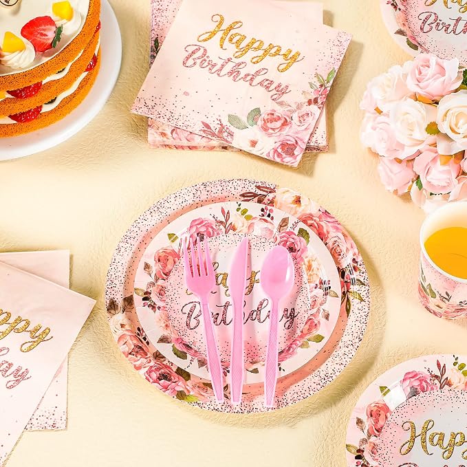 Roshtia 175 Pcs Floral Party Supplies-serve 25 Guests Happy Birthday Rose - Image 6
