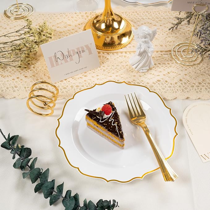 100 Pcs White & Gold Dessert Plastic Plates 7.5" Cake Disposable Plates | White - Image 3