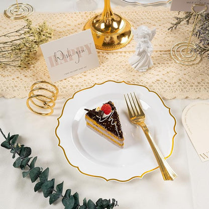 100 Pcs White & Gold Dessert Plastic Plates 7.5" Cake Disposable Plates | White - Image 3