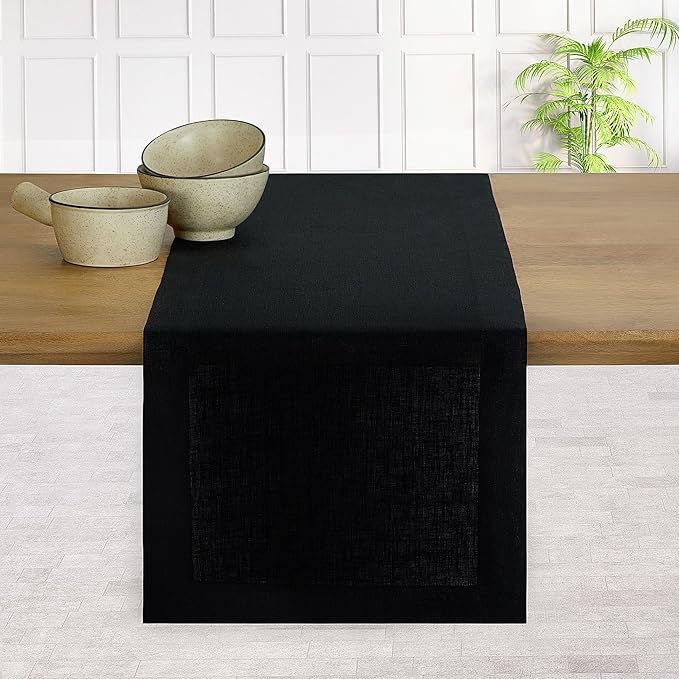 D'Moksha Homes Linen Black Table Runner 90 Inches Long - 100% Pure Linen 14 x 90 Inch Table Runner for Dining, Spring, Easter - Machine Washable