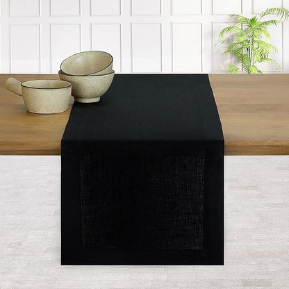 D'Moksha Homes Linen Black Table Runner 132 Inches Long - 100% Pure Linen Extra Long Table Runner 14 x 132 Inch for Spring, Easter - Machine Washable