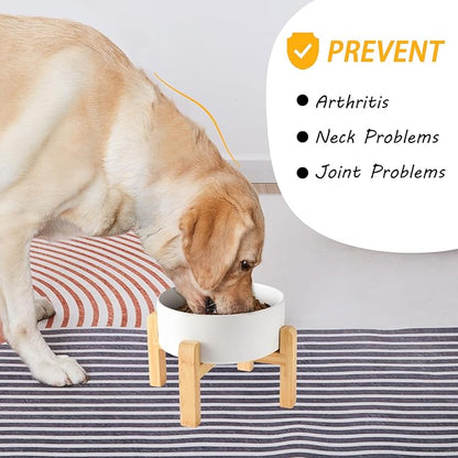 6'' Ceramic Raised Dog Bowl - 30Oz Dog Food & Water Bowl with Elevated Non-Slip Bamboo Stand, Dishwasher & Microwave Safe, Anti Vomiting Heavy Duty Pet Bowl for Small and Medium Dogs, White