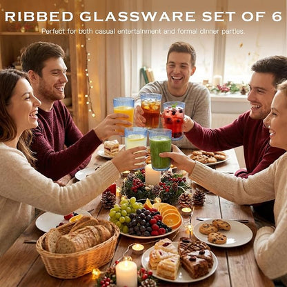 Blue Ribbed Highball Glasses Set of 6, 13.2oz Midnight Blue Colored Glassware - Image 7